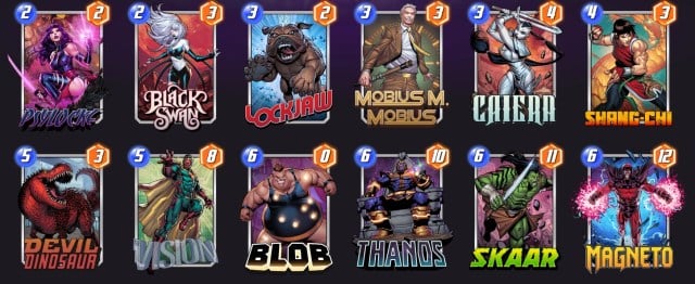 Marvel Snap deck consisting of Psylocke, Black Swan, Lockjaw, Mobius M. Mobius, Caiera, Shang-Chi, Devil Dinosaur, Vision, Blob, Thanos, Skaar, and Magneto.