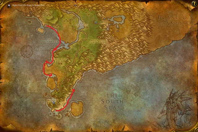 Screenshot of Stranglethorn Vale map in WoW Classic with Stranglekelp farming locations highlighted