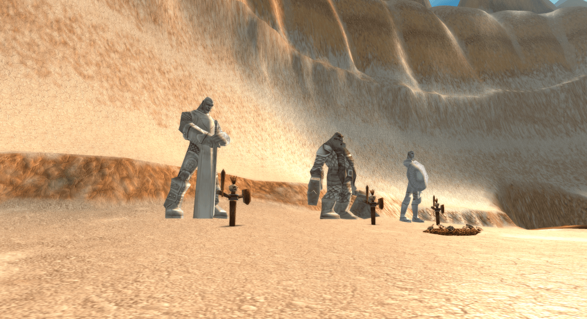 Three statues of warriors in the Thousand needles needed for the intervene rune World of Warcraft classic -- angled view
