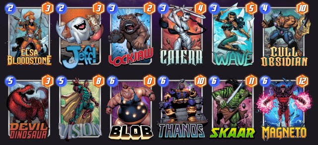 Marvel Snap deck consisting of Elsa Bloodstone, Jeff, Lockjaw, Caiera, Wave, Cull Obsidian, Devil Dinosaur, Vision, Blob, Thanos, Skaar, and Magneto.
