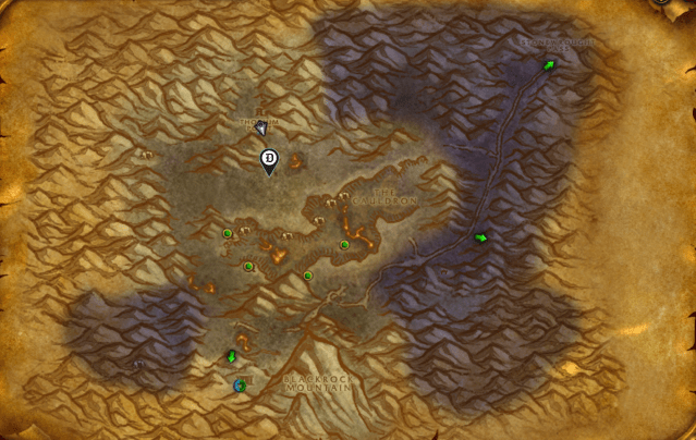 Map of the Searing Gorge marked up with locations relevant to the quest Set them Ablaze