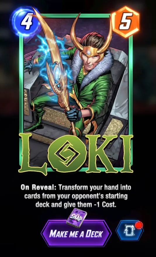 Loki Marvel Snap card, showing him holding his staff.