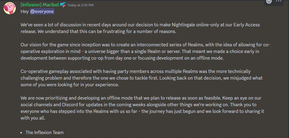 A screenshot of a Discord announcement from Inflexion Games regarding Nightingale.