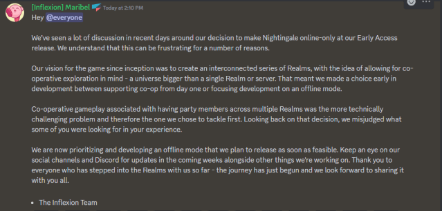 A screenshot of a Discord announcement from Inflexion Games regarding Nightingale.