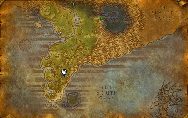 A Stranglethorn Vale map in WoW Classic with Mistvale Valley highlighted by a map marker showing the location of Mokk the Savage and Witch Doctor Unbagwa