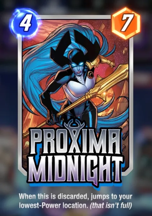 Proxima Midnight Marvel Snap card, holding her spear and wearing her villainous outfit.