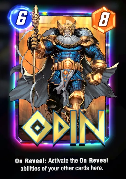 Odin Marvel Snap card, while wearing his blue and gold outfit and holding his staff.