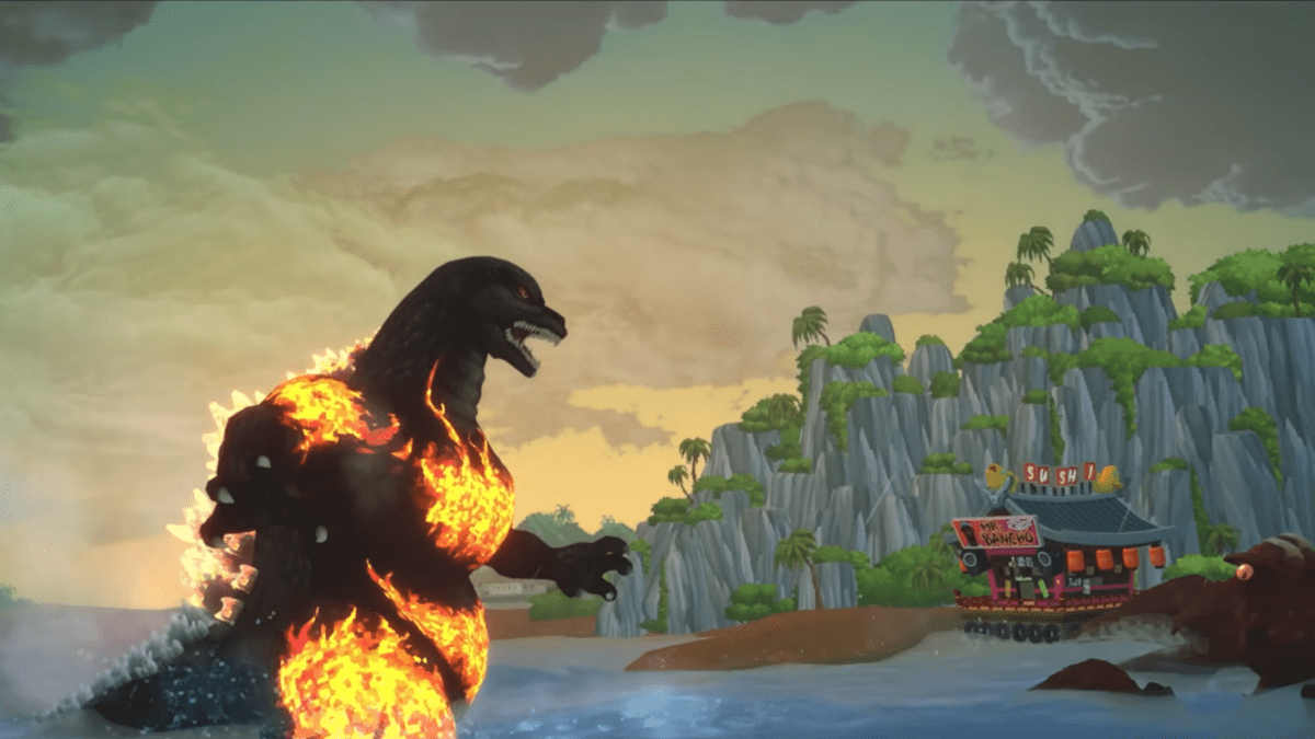 Godzilla stomps towards a sushi restaurant