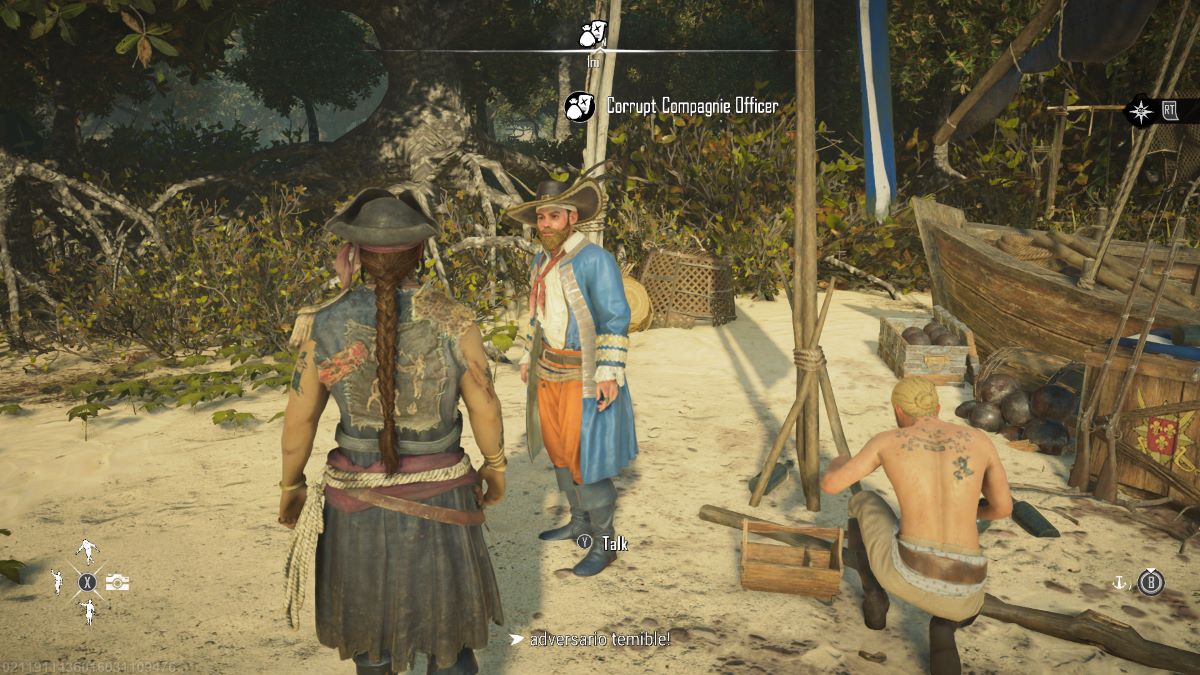 A screenshot of a Skull and Bones captain standing in front of a merchant on an island.