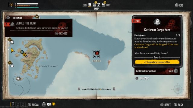 A Skull and Bones screenshot showing the map and a cutthroat cargo hunt event.