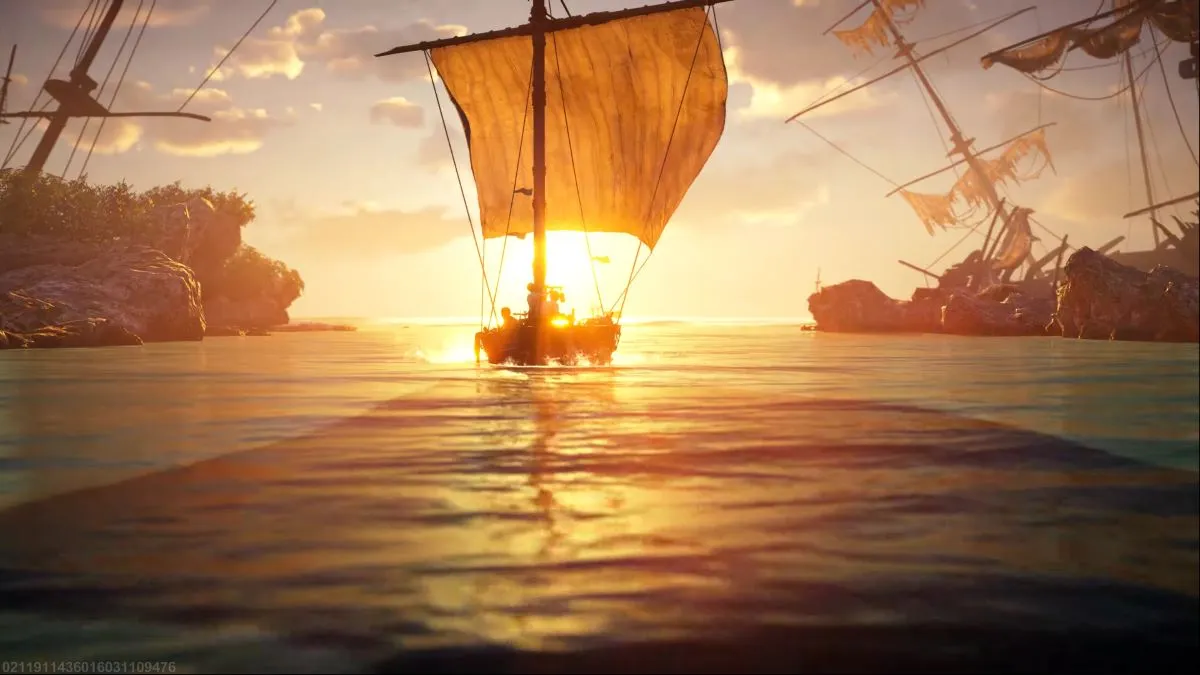 A screenshot of a ship and a sunset in Skull and Bones