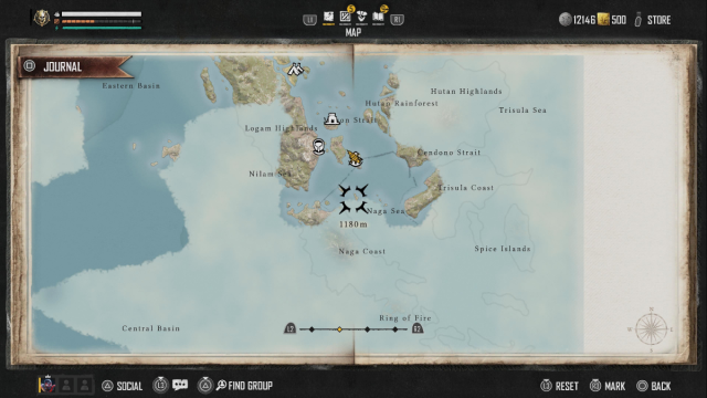 A screenshot of the map in Skull and Bones showing the location of the Ruined Lighthouse.