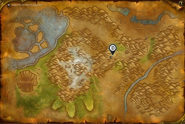 Alterac Mountains map featuring a map marker for the Hot Streak rune in Strahnbrad