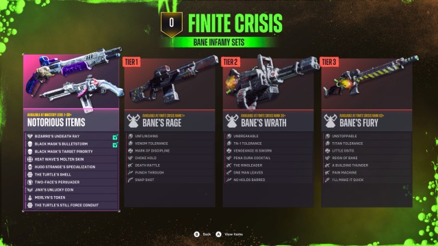 A screenshot of the Bane Infamy Set items in Suicide Squad: Kill the Justice League.