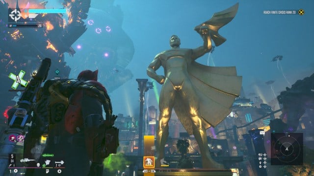 A player stands beneath a golden Superman statue in Suicide Squad: Kill the Justice League.