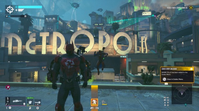 A player stood looking at the Metropolis sign in Suicide Squad: Kill the Justice League.