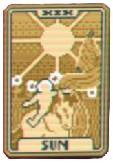 A golden tarot card from Balatro with a human figure dancing beneath a sun