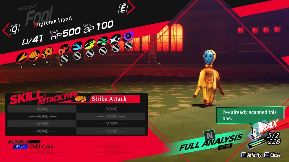 The Supreme Hand's affinities in Persona 3 Reload, which includes nullifying all magic damage.