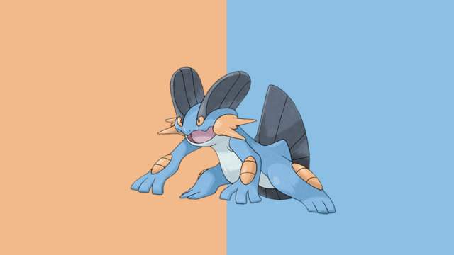 Swampert in Pokemon Go, a blue, four-legged creature on a blue and brown background.