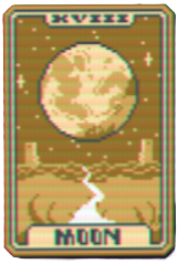 A golden card from Balatro with "Moon" in bg pixelated letters at the bottom