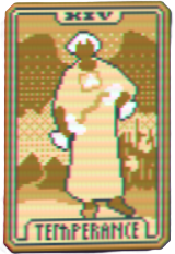 A woman against a golden background in the Temperance Balatro Tarot Card