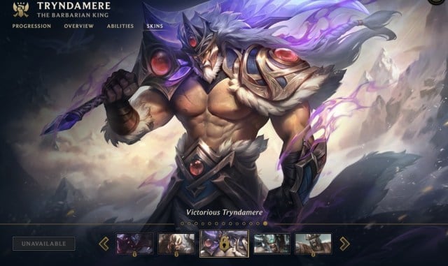 Victorious Tryndamere noted as unavailable in the League of Legends client. Skin appears in the game, but is not able to be claimed by players