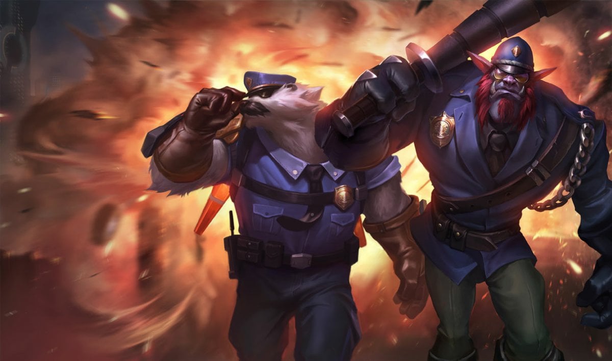 Volibear and Trundle in police outfits walking forward, with an explosion behind them.