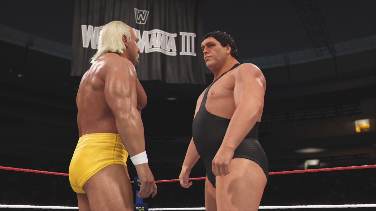 Andre the Giant and Hulk Hogan facing off in a promotional screenshot for WWE 2K24.