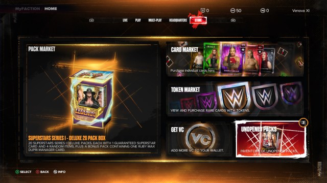 The MyFACTION mode in WWE 2K24 showing the store and available packs.
