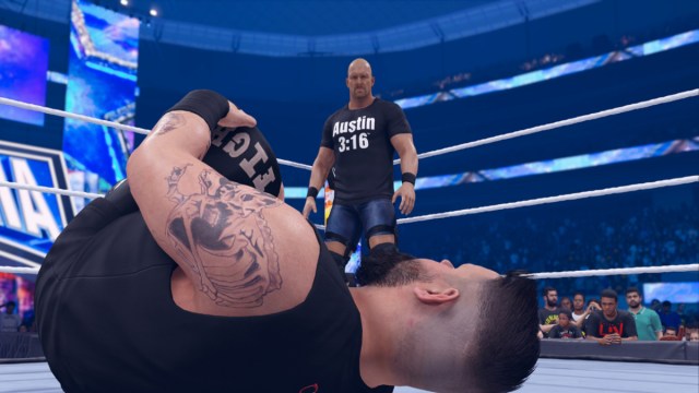 Stone Cold looks down on Keith Owens in a promotional image for WWE 2K24.