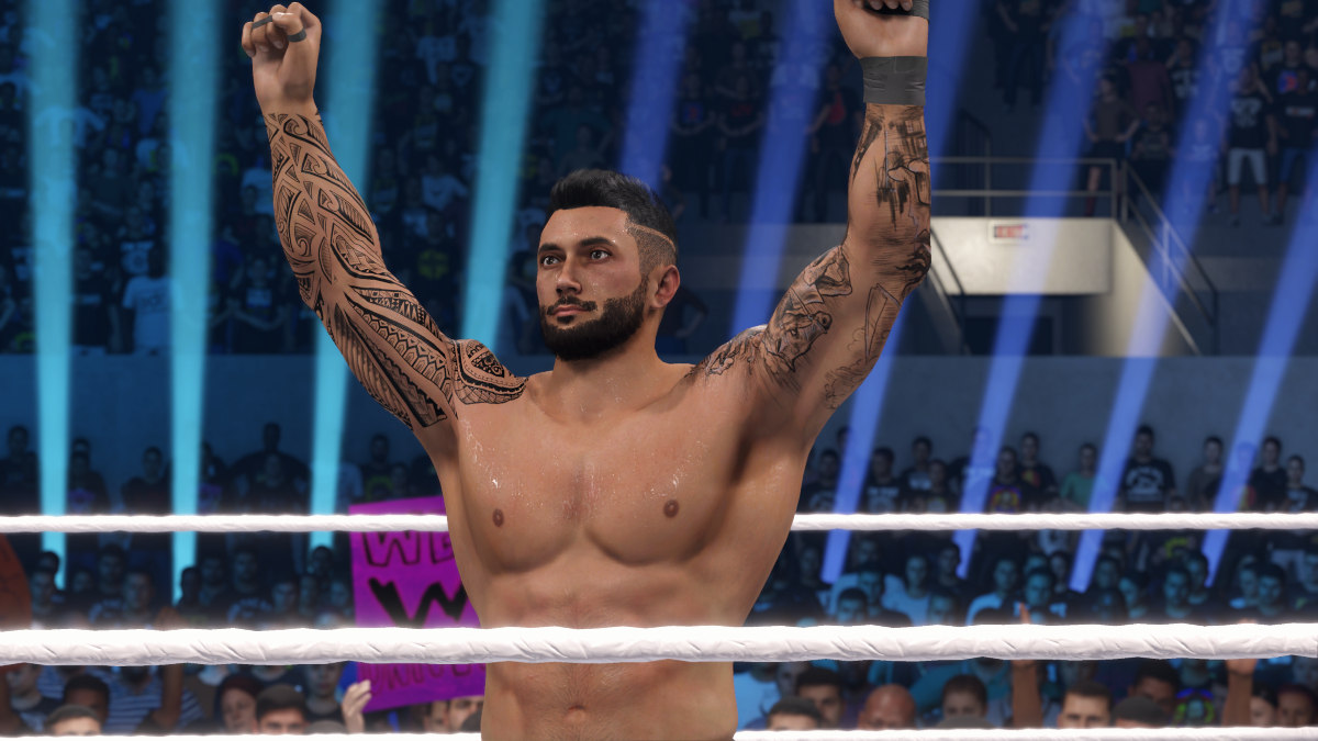 A created Superstar in WWE 2K24 celebrates victory.