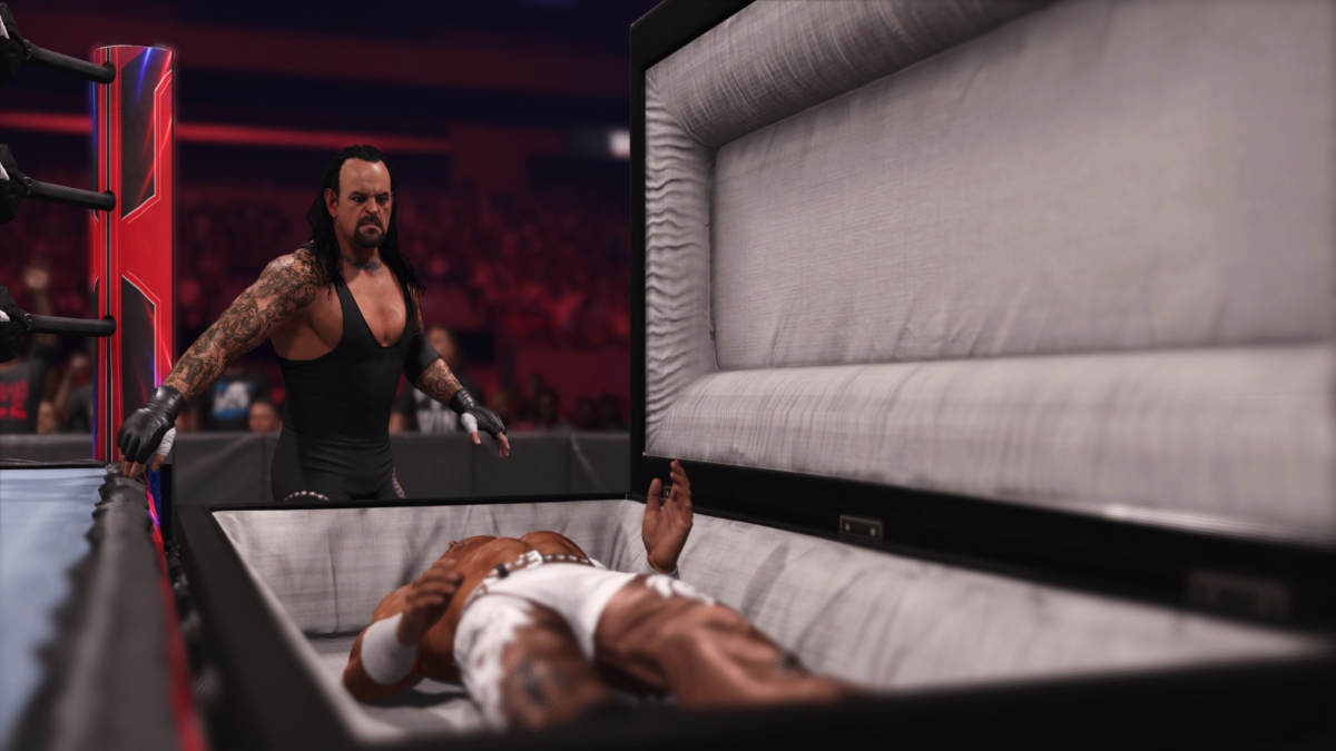 The Undertaker puts HBK into a casket in WWE 2K24.