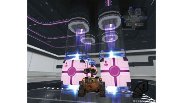 Image of WALL-E from the 2008 game, there are two pink cubes to the left and right of WALL-E in an futuristic looking building.