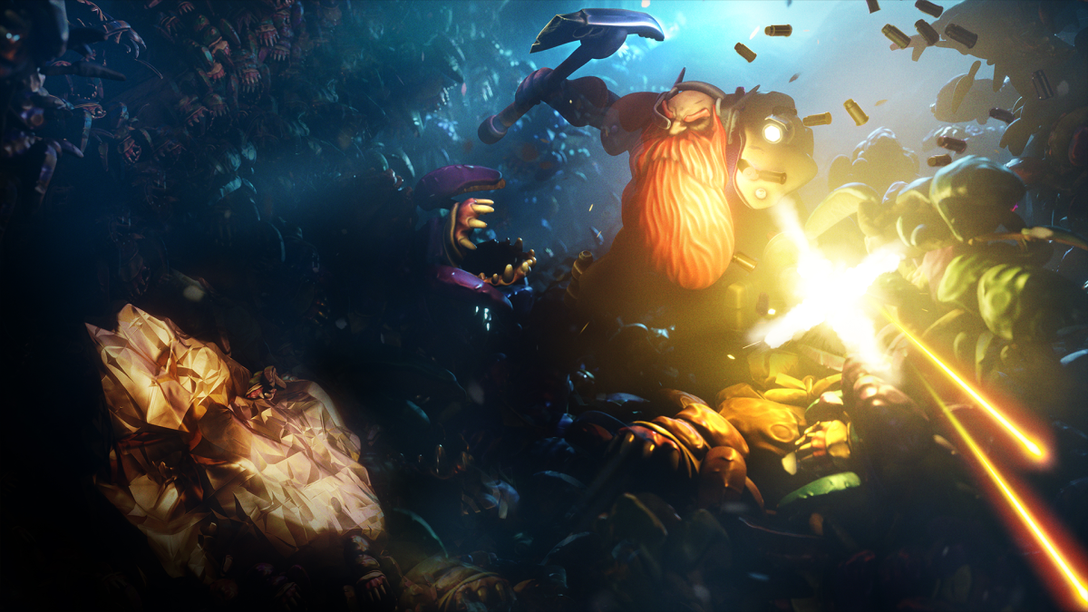 Promotional Art for Deep Rock Galactic Survivor, feature a dwarf with an axe in one hand and a gun firing bullets in the other.