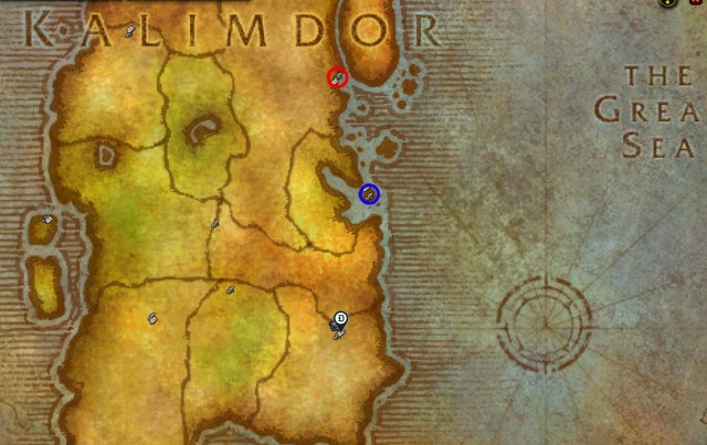A map of Kalimdor in World of Warcraft classic with certain points pertaining to the trip to Gadgetzan marked by circles. A red circle shows Ratchet, the Horde starting point, while a blue circle signals Theramore, the Alliance starting point. Gadgetzan is marked by a map marker.