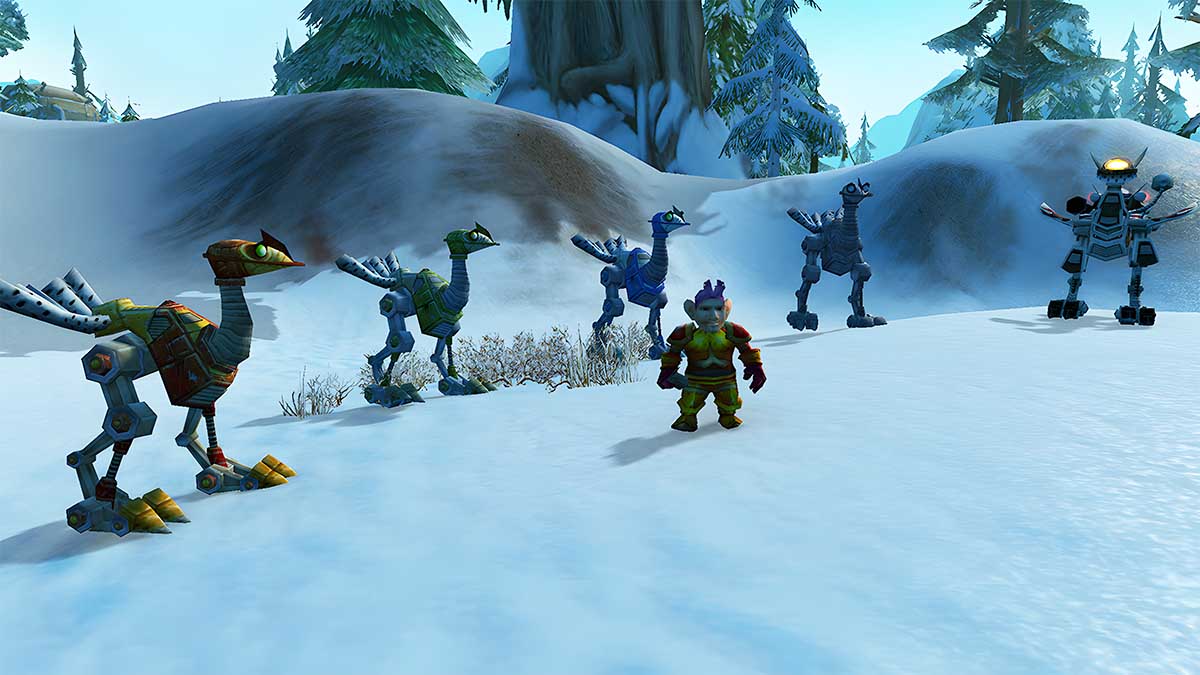 A Gnome in Dun Morogh in front of Mechanostrider mounts in WoW Classic SoD
