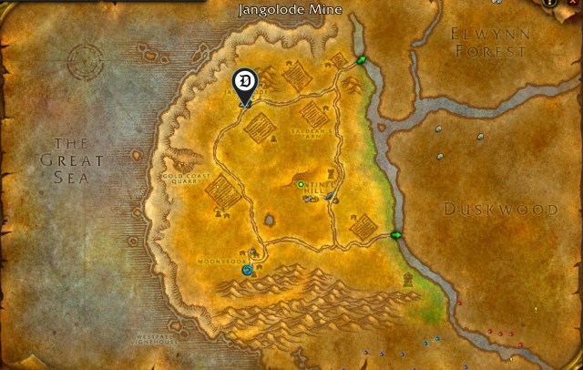 Leprithus spawn point in Westfall on a WoW map marked by a marker