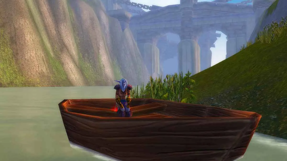 A Night Elf Rogue sitting in the Arathi Highlands rowboat in WoW Classic SoD