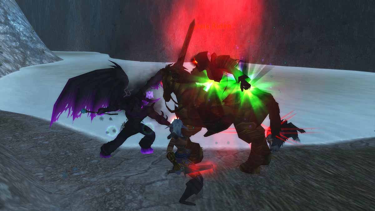 A Rogue and Warlock fighting a Dark Rider in Deadwind Pass in WoW SoD