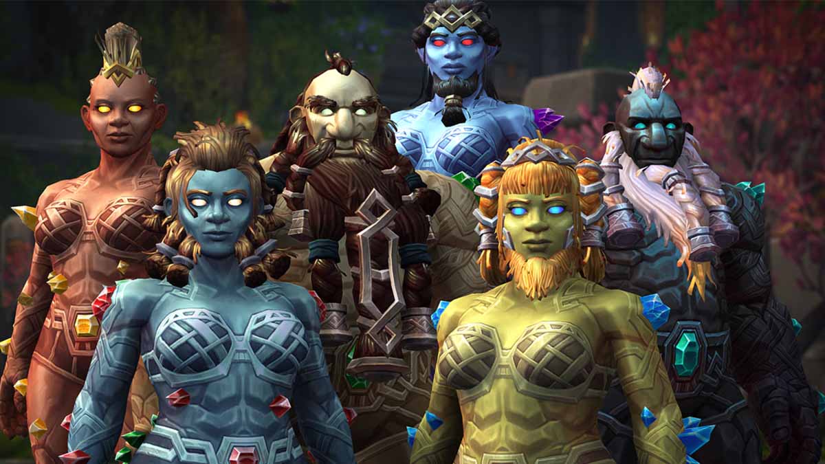 Six Earthen dwarves standing next to each other in WoW The War Within