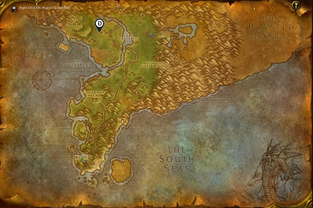 WoW screenshot of the map of Stranglethorn Vale with the location for Dual Wield spec rune marked