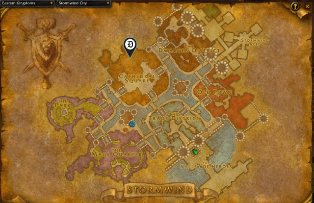 Map of Stormwind, showing where to start the Brother Anton quest.