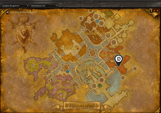 Map of Stormwind, showing where you can buy Greater Insignia PvP trinket
