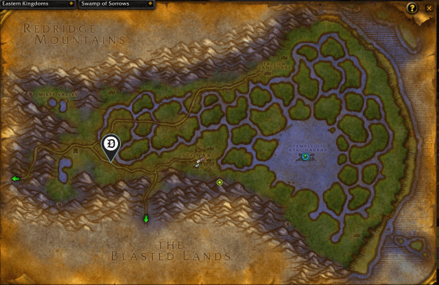 Map of Swamp of Sorrows, showing where to start the Survival Instincts Rune quest