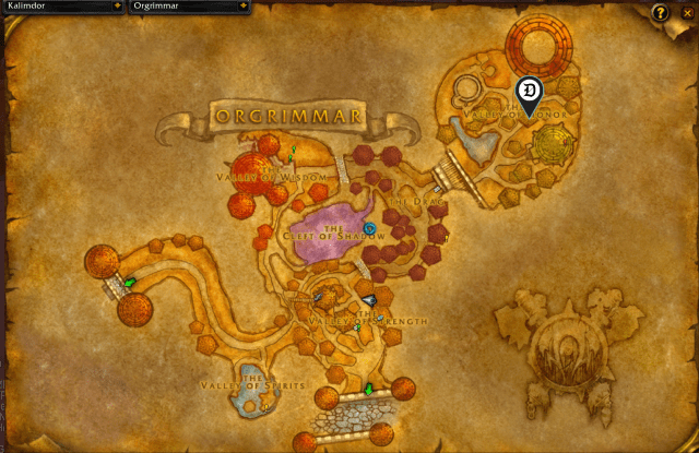 Map of Orgrimmar, showing the exact location of Nogg and Sovik