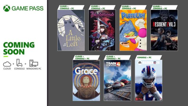 A promotional image showing titles joining Xbox Game Pass in February 2024.