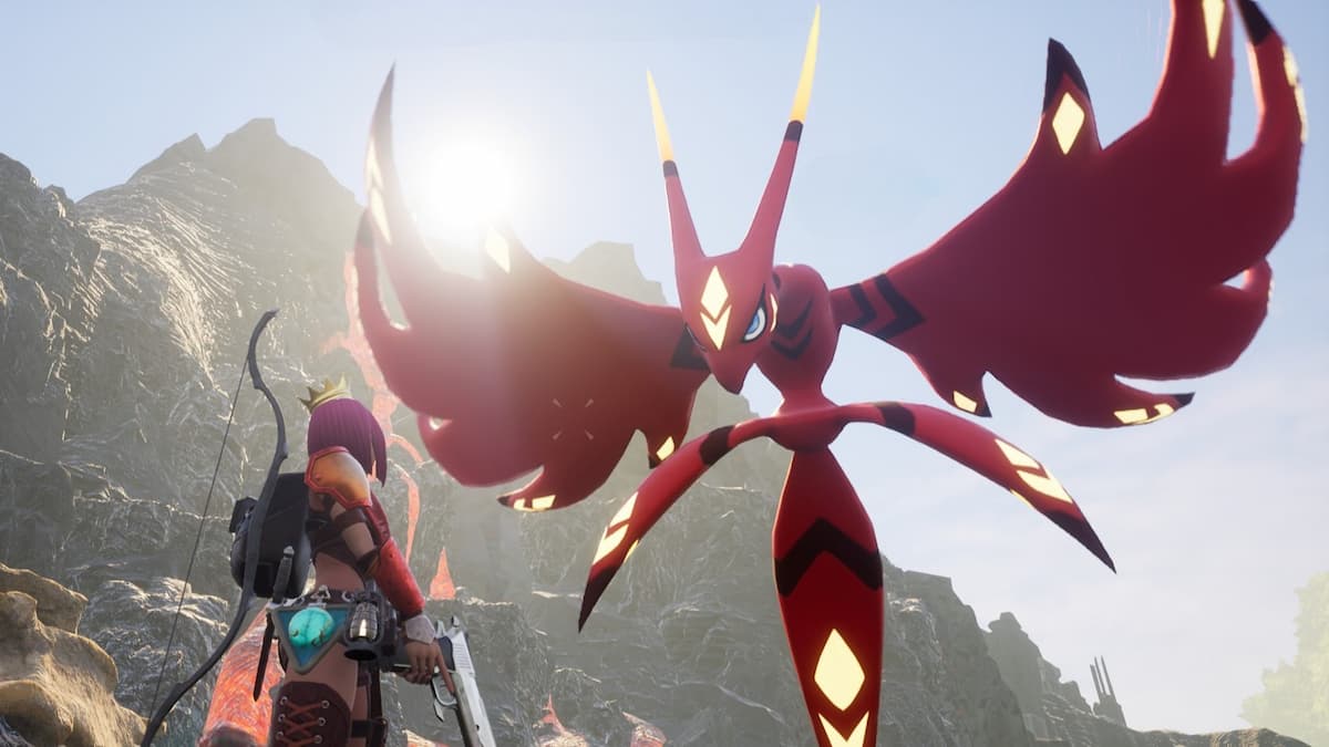Suzaku flying in the air by a volcano near the player.