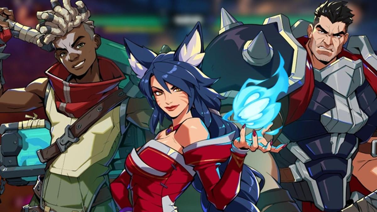 Ekko, Ahri, and Darius from 2XKO pose together with their weapons and spells in hand.