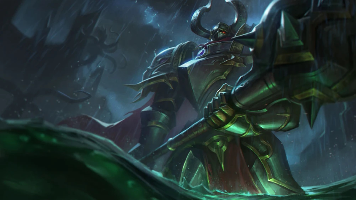 Lord Morderkaiser from League of Legends looms over a dark green sea while holding a huge club