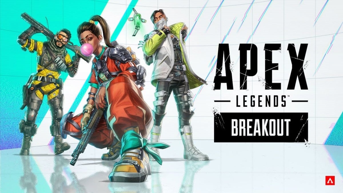 Rampart, Crypto and Mirage posing beside the Apex Legends logo.